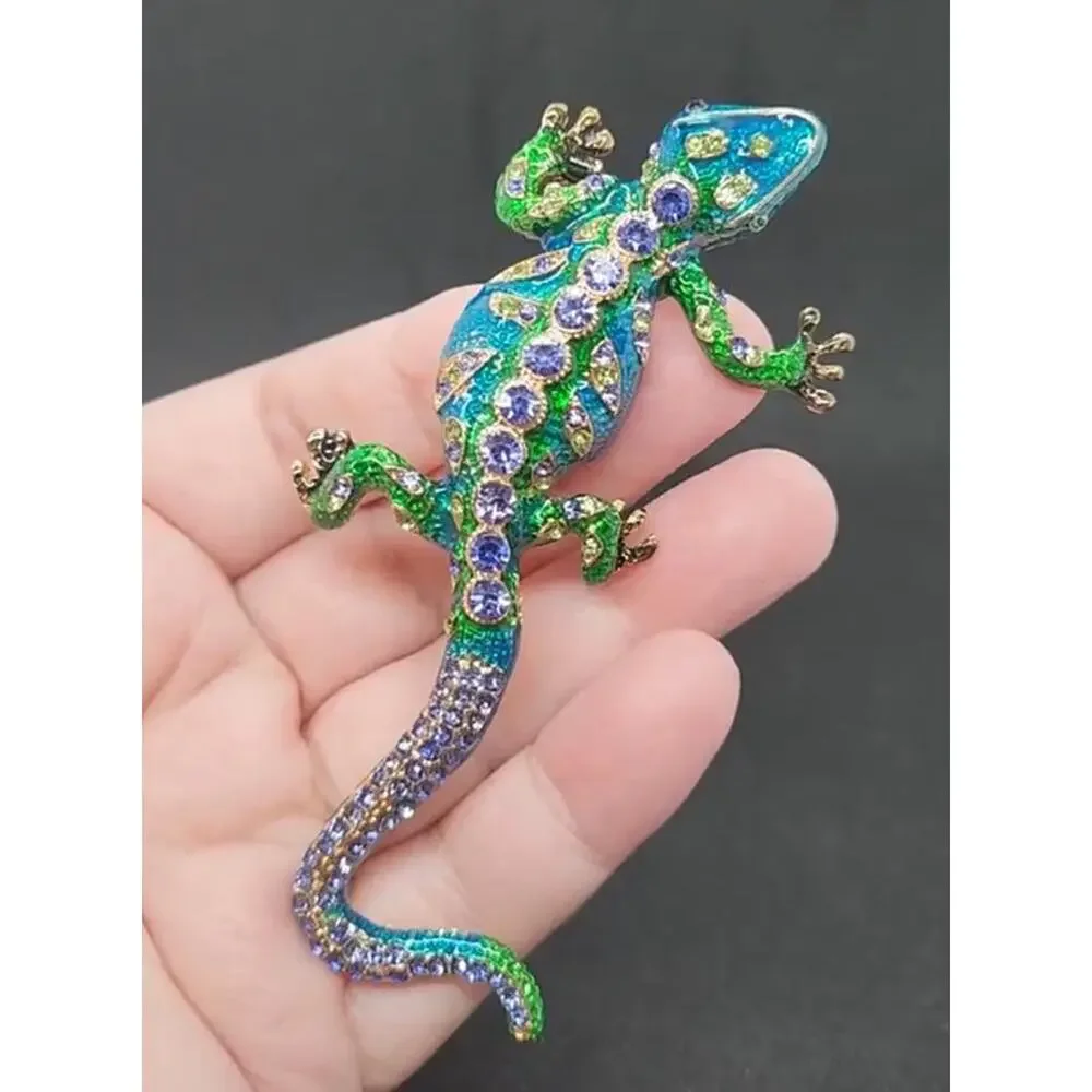 Gecko Brooch Blue Green Enamel & Rhinestones Larger Size Animal Lizard